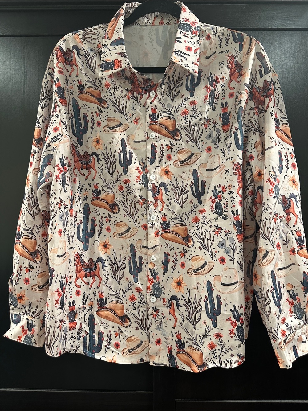 Women's Western-Print Button-Down Shirt - Cream with Navy & Rust Accents